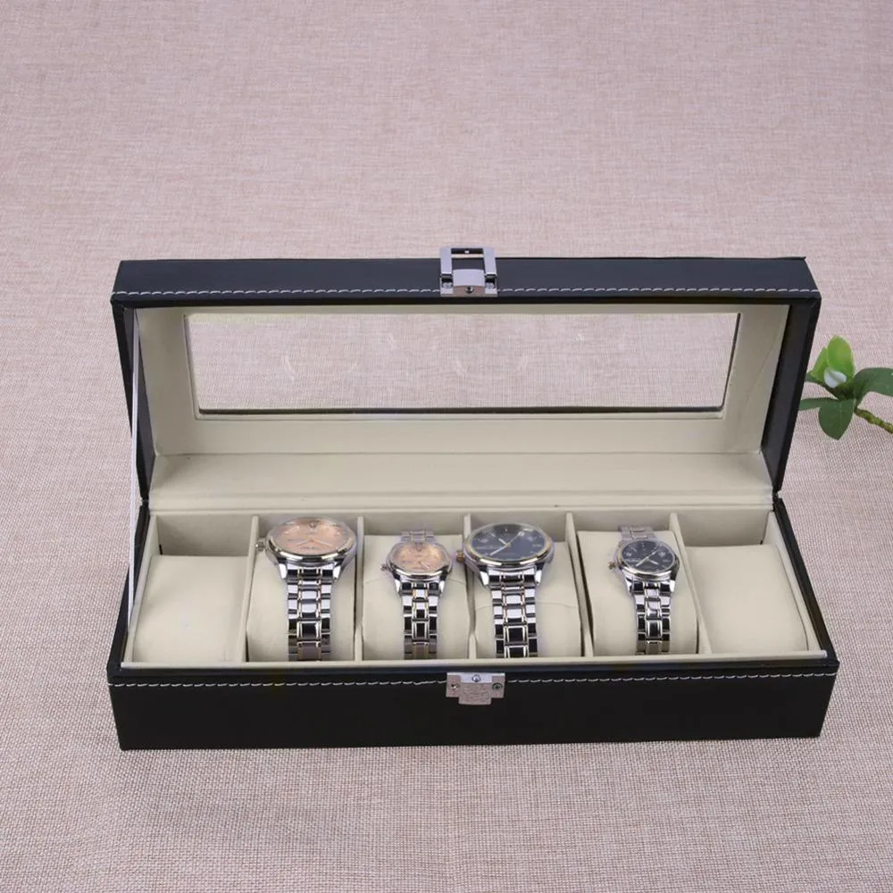 Watch Boxes 6 Slots Wrist Display Case Jewelry Storage Organizer Box with Cover Watches Holder Organizer273B