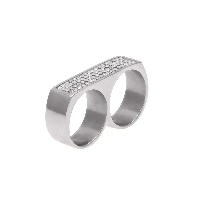 Hip Hop Rhinestone två-fingerring för män geometriska glansiga guldpläterade rostfritt stål enkla ringar mode smycken193d