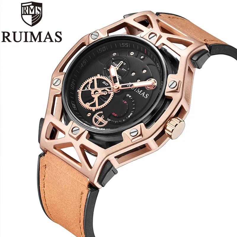 Ruimas Fashion Black Mens Dress Designer Luxury Military Luminous Watches Leather Classic Wrist Watch for Men2094