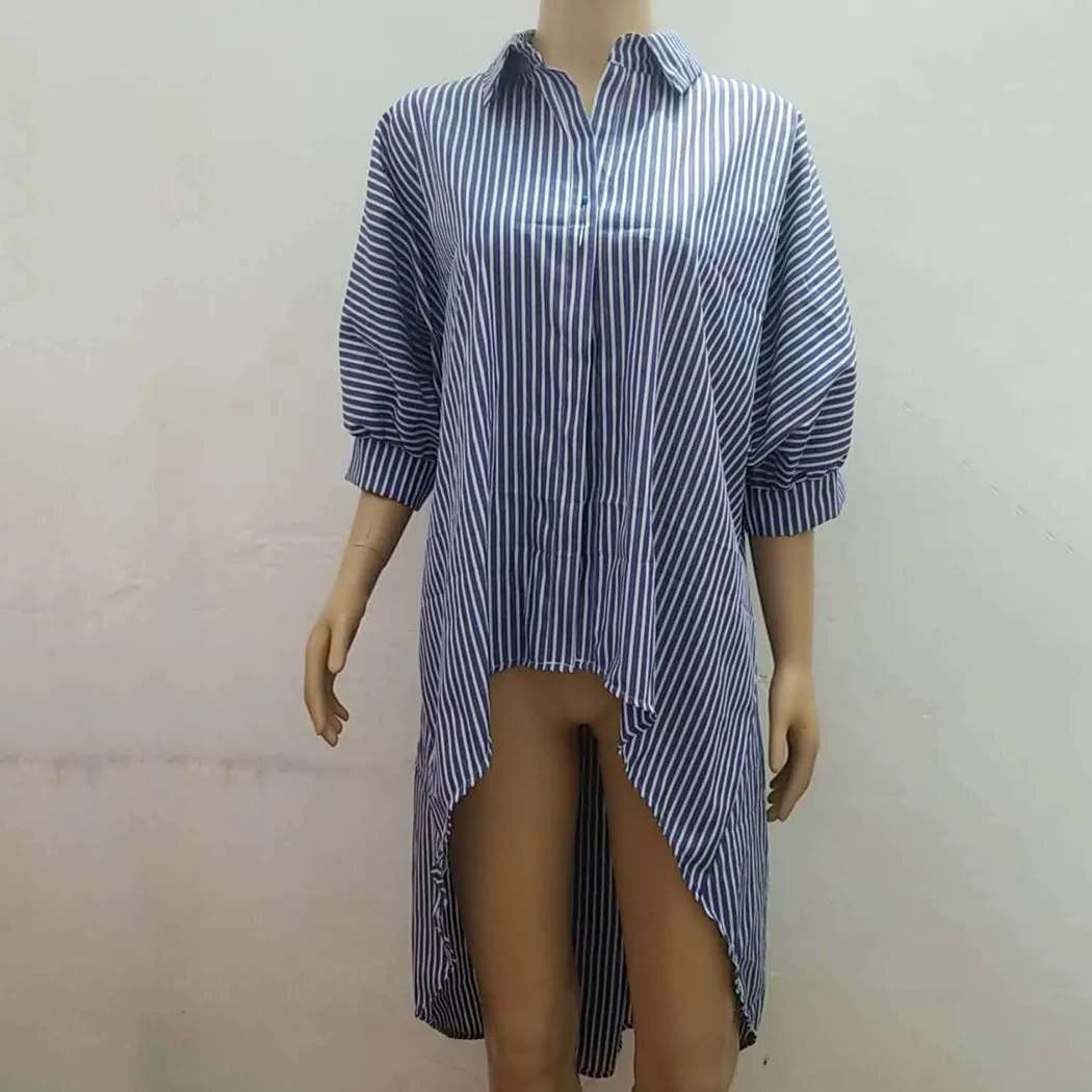 Plus Size Oversized Shirt Kobiety Długie Top 2019 Moda Paski Pół Rękaw Bluzki Asymetryczny Hem Luźne Topy Panie Biurowe Koszule Y19062501