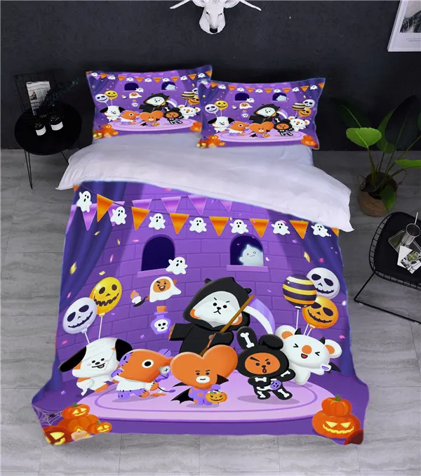 만화 BTS 3D 디자인 침구 세트 마이크로 화이버 이불 커버 세트 TEENS GIRLS BOYS COMFORTER COVER 및 PIMLOWCASES가있는 지퍼 클로저 243Y