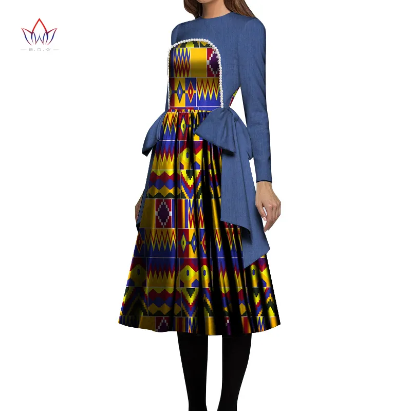 African Women Dress 2020 Pearl Denim & Print Fabric Print Wax Dresses Bazin Riche Mid-Calf Africa Bow Sexy Dress WY6694