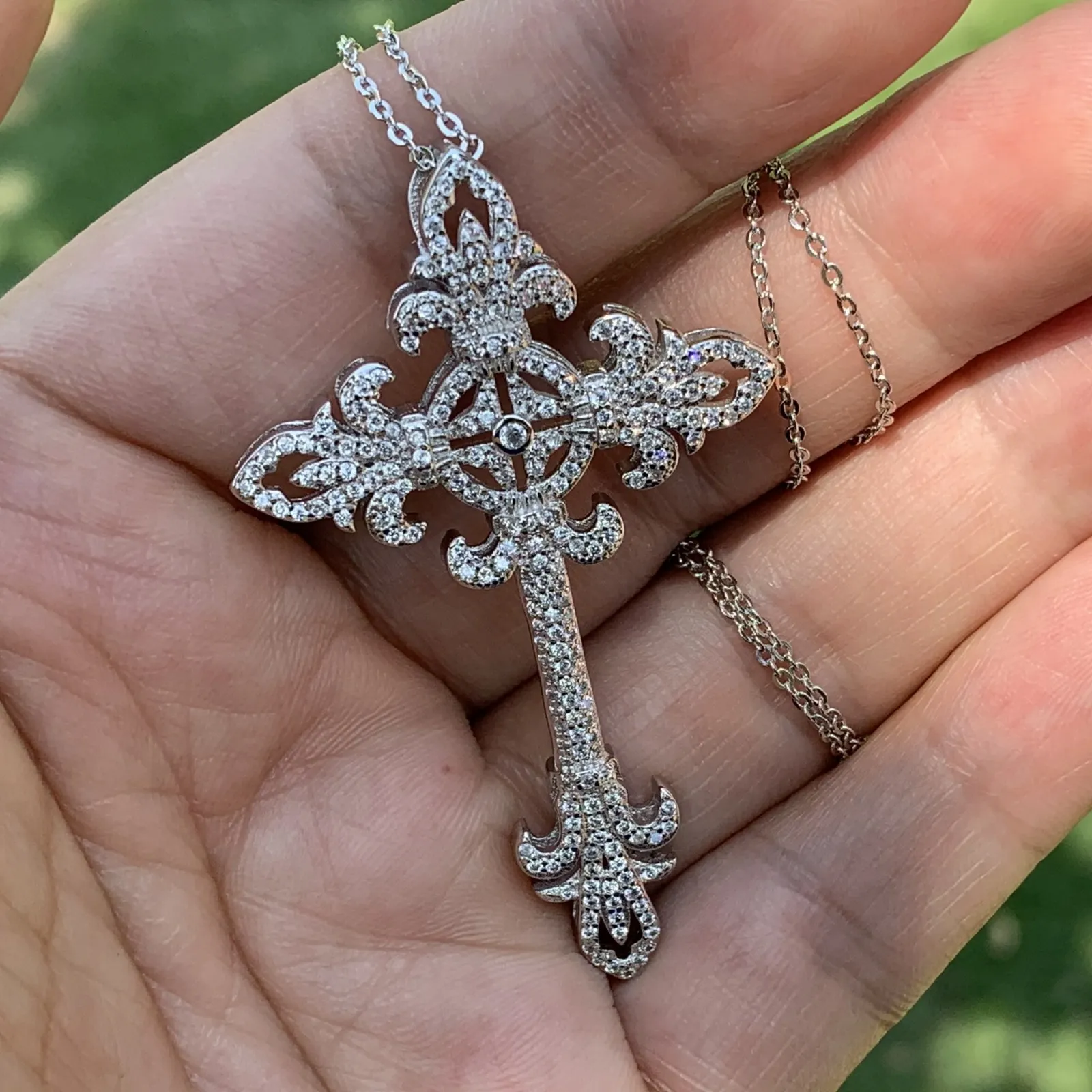 Whole Professional Luxury Jewelry Key Cross Pendant Real 925 Sterling Silver Pave White Sapphire CZ Diamond Women Wedding Neck215O
