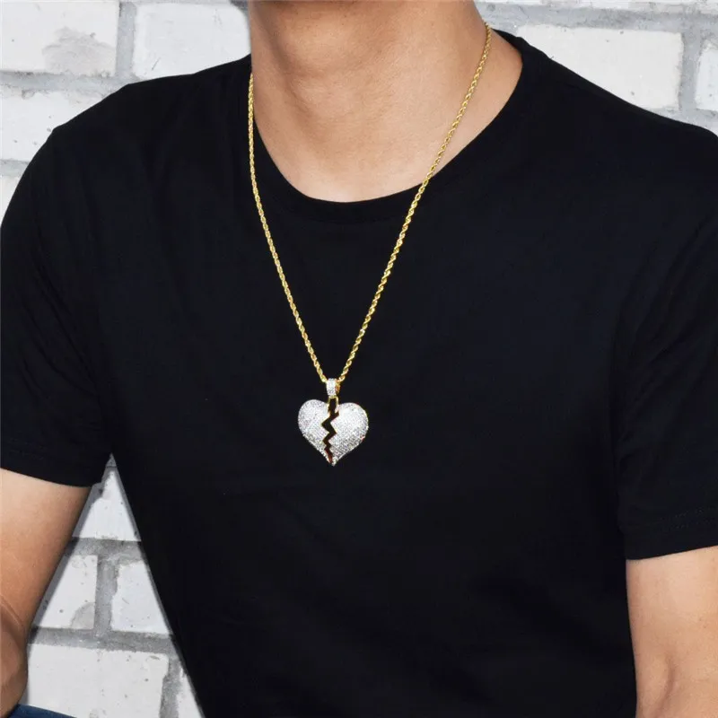 Trendy rood gebroken hart hanglager hiphop statement ketting met volledige steentjes gouden zilveren ketting voor mannen vrouwen 2 kleuren 189T