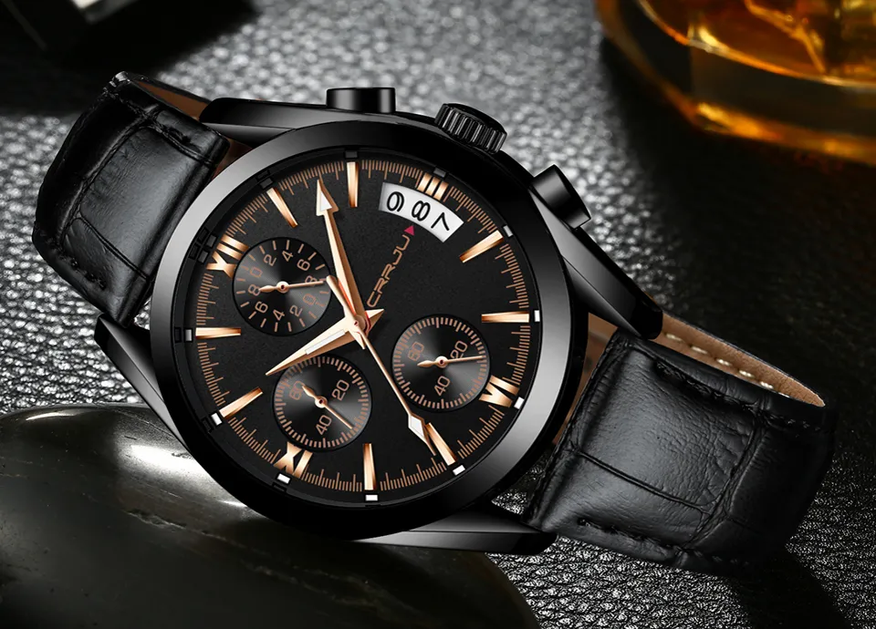 Crrju Men Military Watches Male Black Dial Business Quartz Watch Men's Leather Strap Waterfrof Waterproof Clock Date Multifunction Mens3020