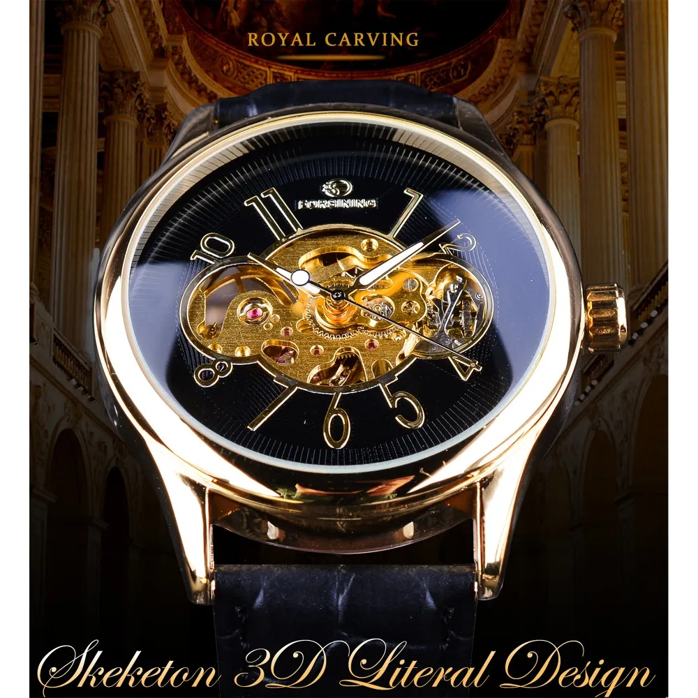 Forsining clássico criativo esqueleto design caso dourado transparente trabalho aberto relógio masculino marca superior de luxo relógio de pulso mecânico311s