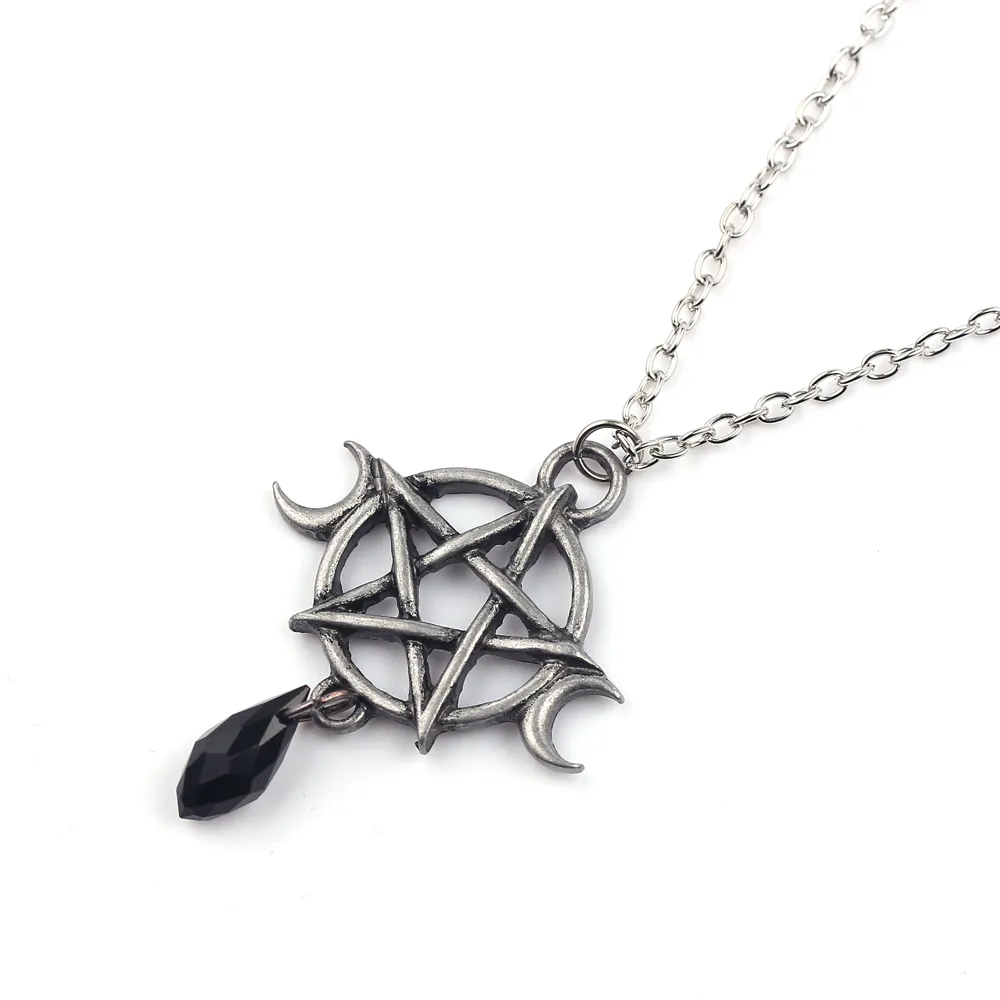Collana con pentagramma luna soprannaturale Ciondolo in cristallo nero Protezione strega Amuleto stella donne Accessori di gioielli con ciondoli Regalo1349T