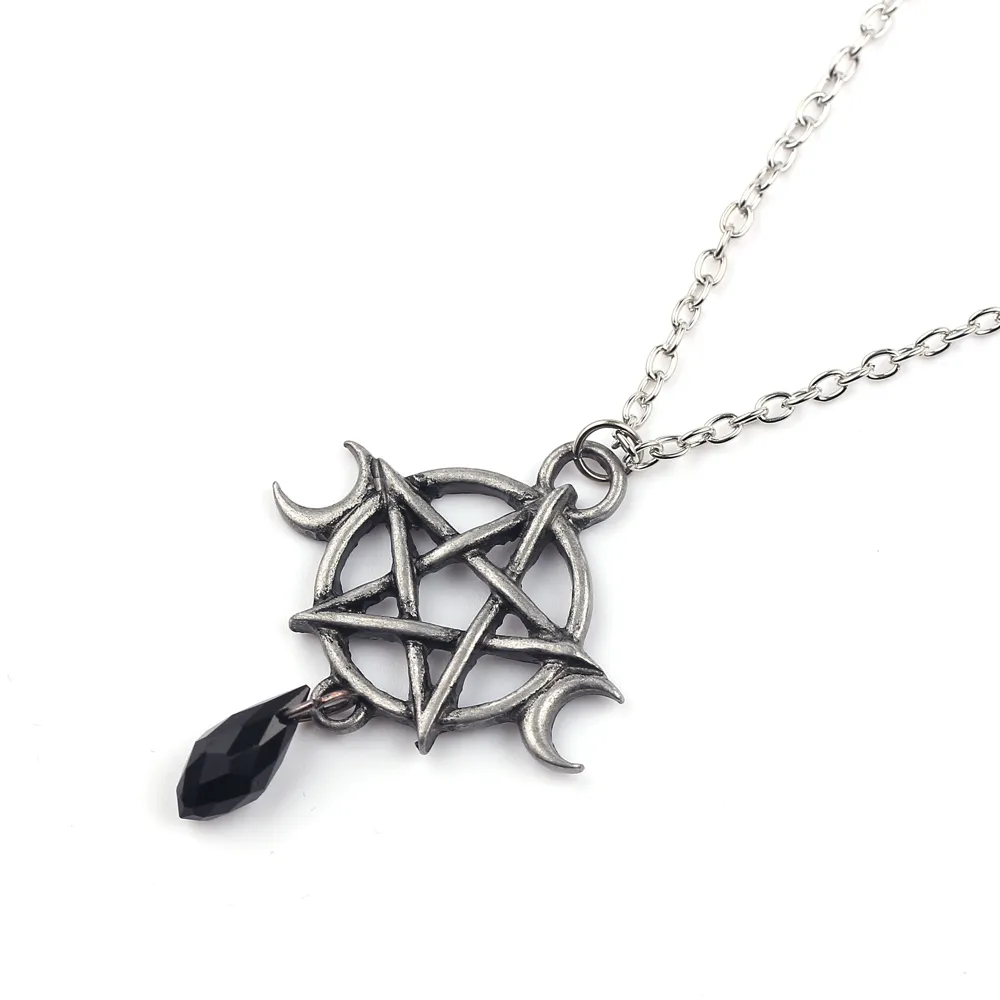 Supernatural Pentagram Moon Necklace Black Crystal Pendant Witch Protection Star Amulet For Women Charm Jewelry Accessories Gift1245S