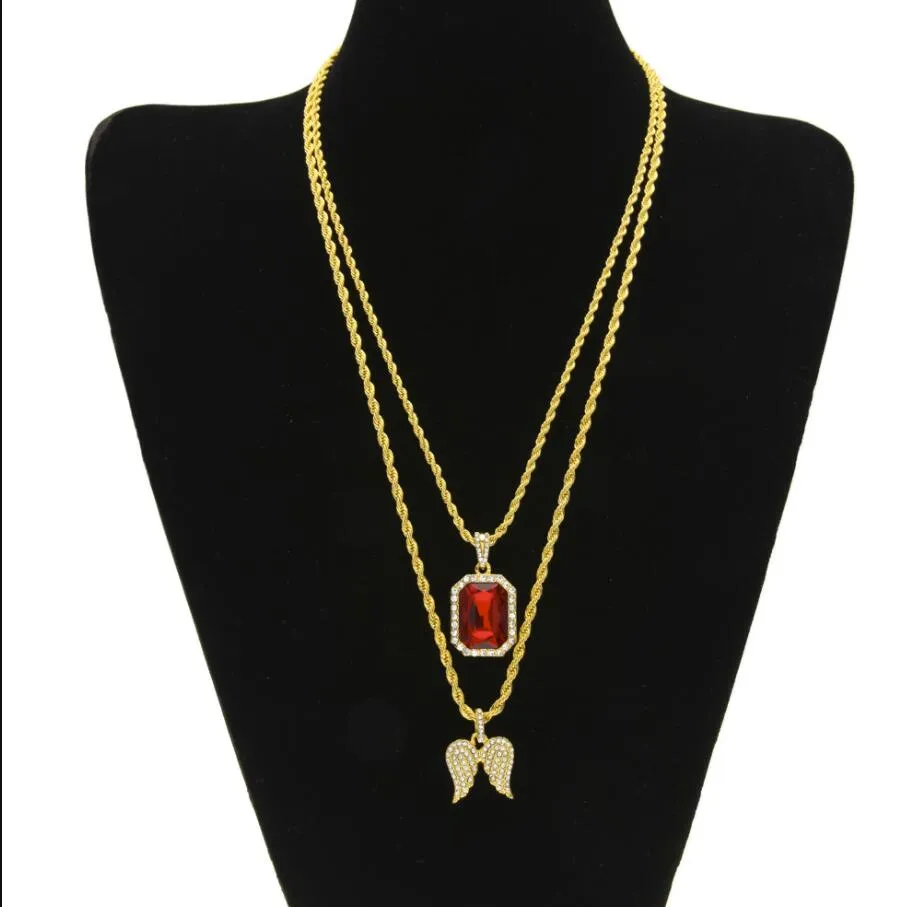 Ангел Bling Angel Constone Cross Cross с красным рубиновым подвесным ожерельем набор мужчин моды хип -хоп ювелирные изделия165J