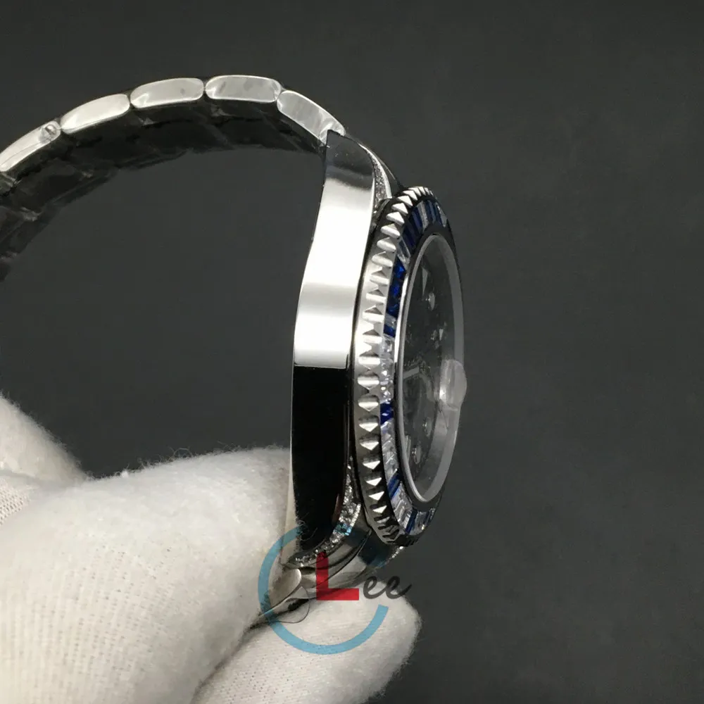 Subklockor av hög kvalitet män safir svarta blå diamanter bezel rostfritt stål 40mm automatisk mekanisk armbandsur gåva254w