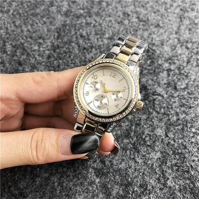 34 mm Fashion crystal inlay Clock dial Stainless steel Watchband Women's Quartz Watches Fake 3-eye Fashion design Women'2871