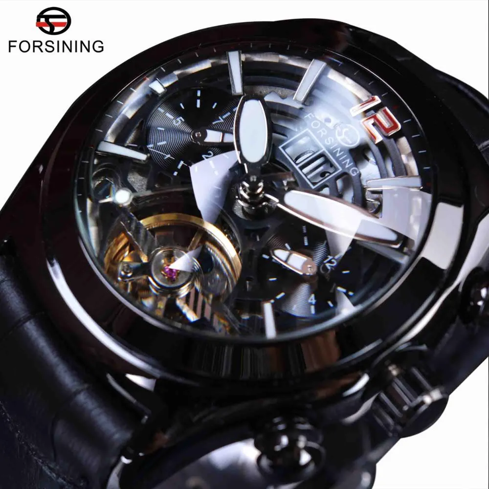 Forsining vidro convexo elegante tourbillion 3d designer pulseira de couro genuíno relógios masculinos marca superior luxo relógio automático clock209d