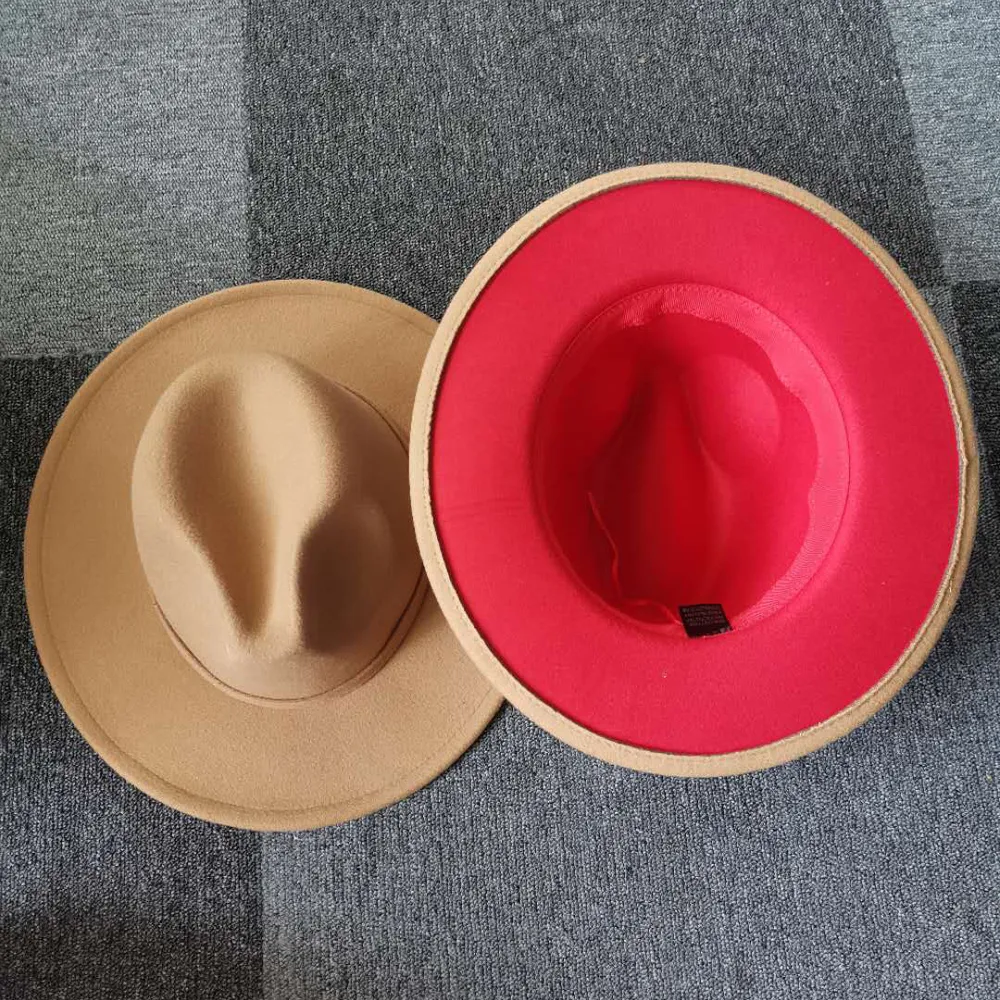 Exterior Camel Interior Vermelho Patchwork Chapéu de Feltro Outono Inverno Lã Jazz Trilby Boné Clássico Europeu Americano Homens Mulheres Fedora Chapéus