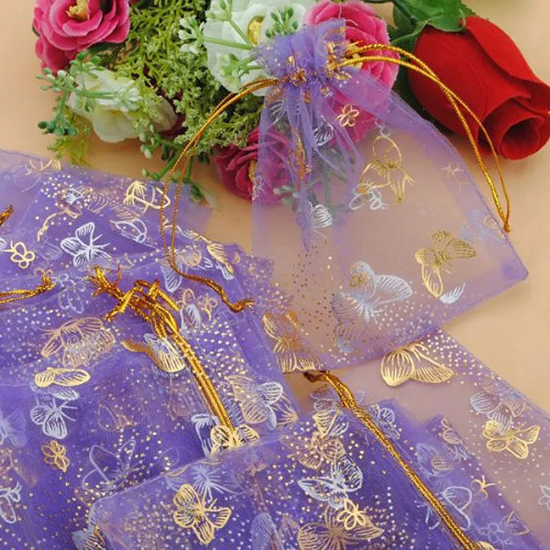 Sacs à bonbons de mariage imprimés papillon violet, 10x12cm, 100 pièces, emballage de bijoux, sacs en Organza extensibles, pochettes cadeaux de fête 226p
