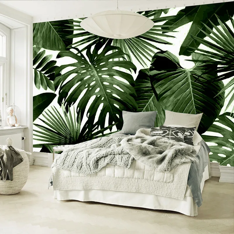3D самоклеящиеся водонепроницаемые настенные обои на холсте, современные зеленые листья, тропический лес, растения, фрески, 3D настенные наклейки для спальни, 292l