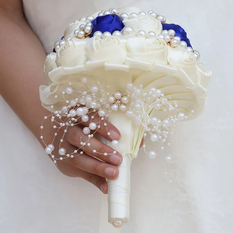 Bouquets de mariage en diamant perlé bleu royal ivoire faits à la main, demoiselle d'honneur artificielle tenant des fleurs, accessoires de mariage W234B305Z