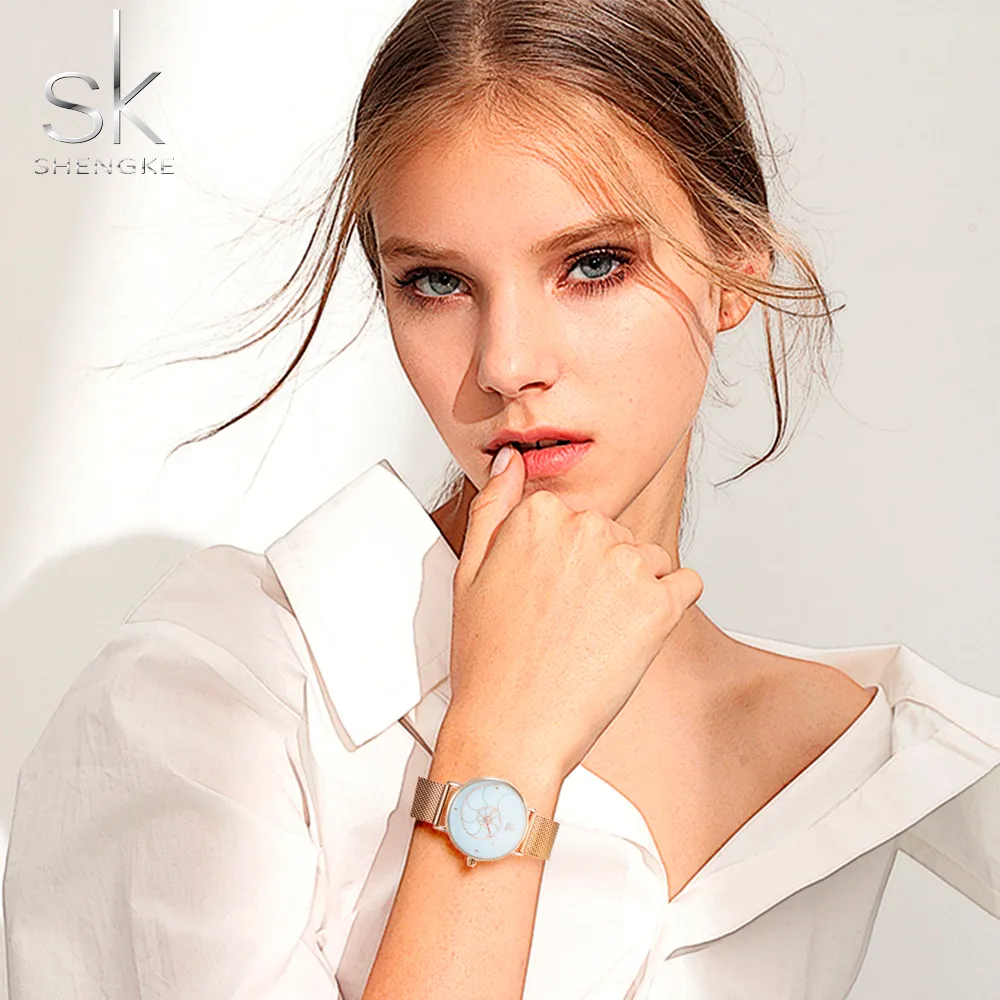 Shengke Women Fashion Quartz Quartz Watch Lady Mesh -watch -полоса высококачественная повседневные водонепроницаемые наручные часы для жены 2019228H