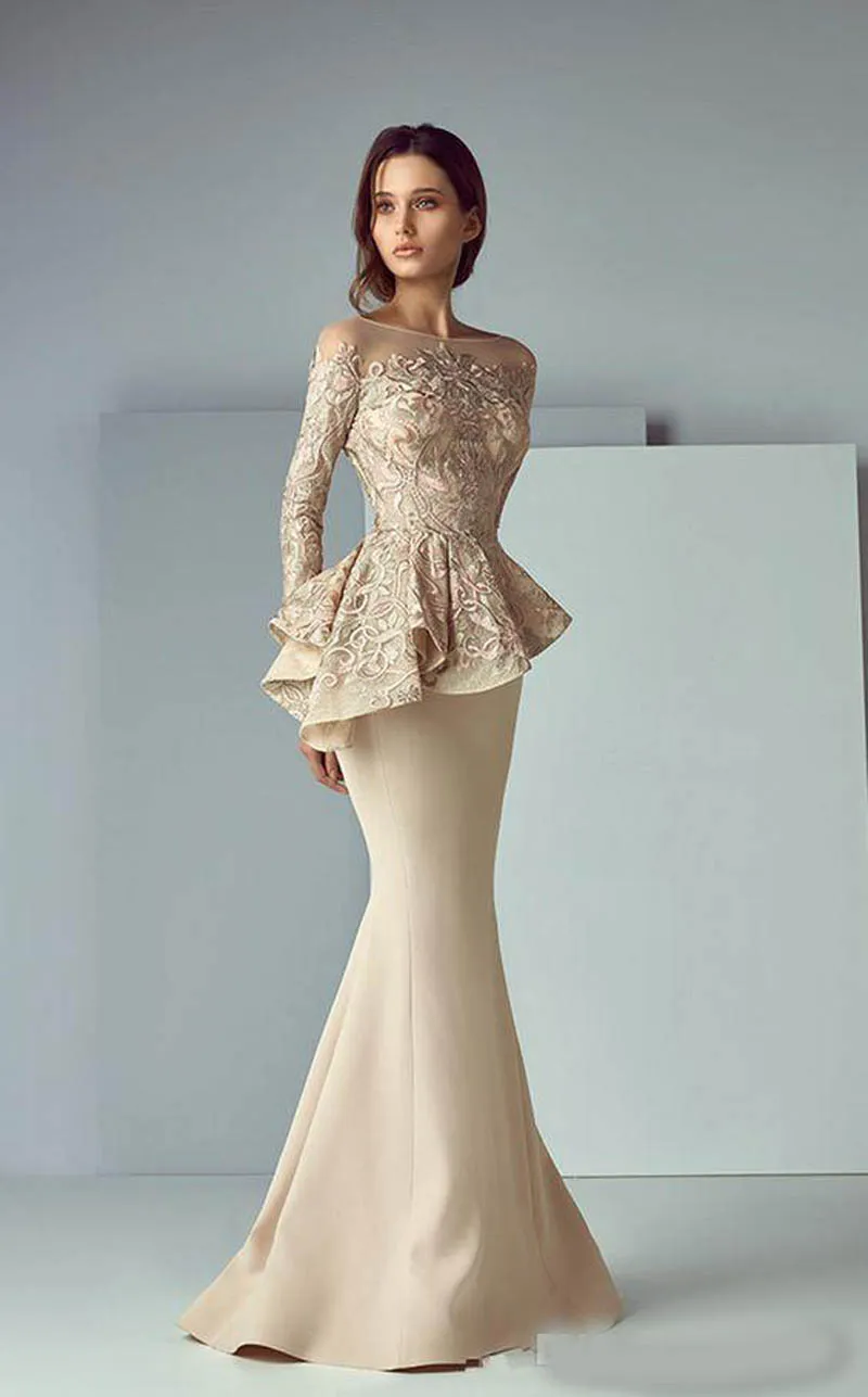 Mother Of The Bride Dresses Jewel Neck Mermaid Illusion Long Sleeves Lace Appliques Peplum Wedding Guest Gowns Plus Size Mothers G245A