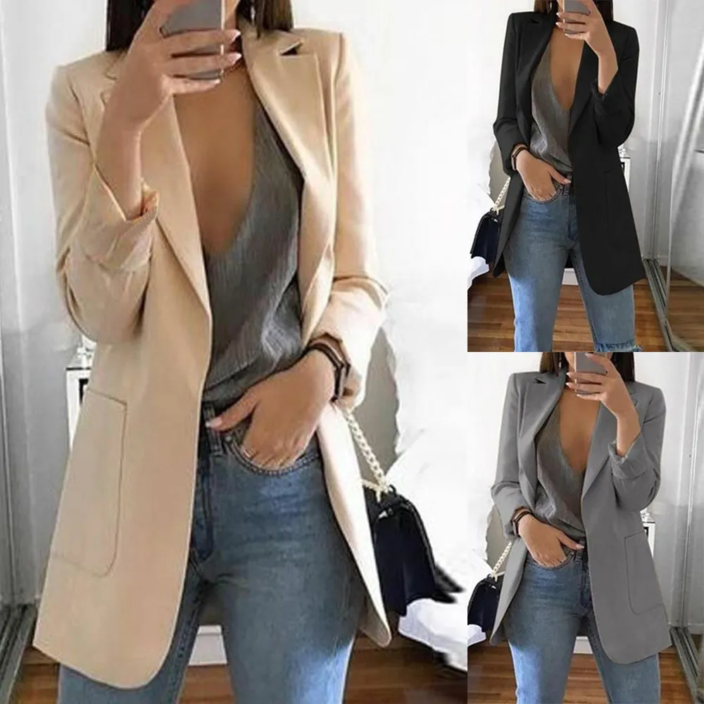 Casual Long Sleeve Solid Color Turn-down Collar Coat Lady Business Jacket Suit Coat Slim Top Women Blazers Female W3 MX190809