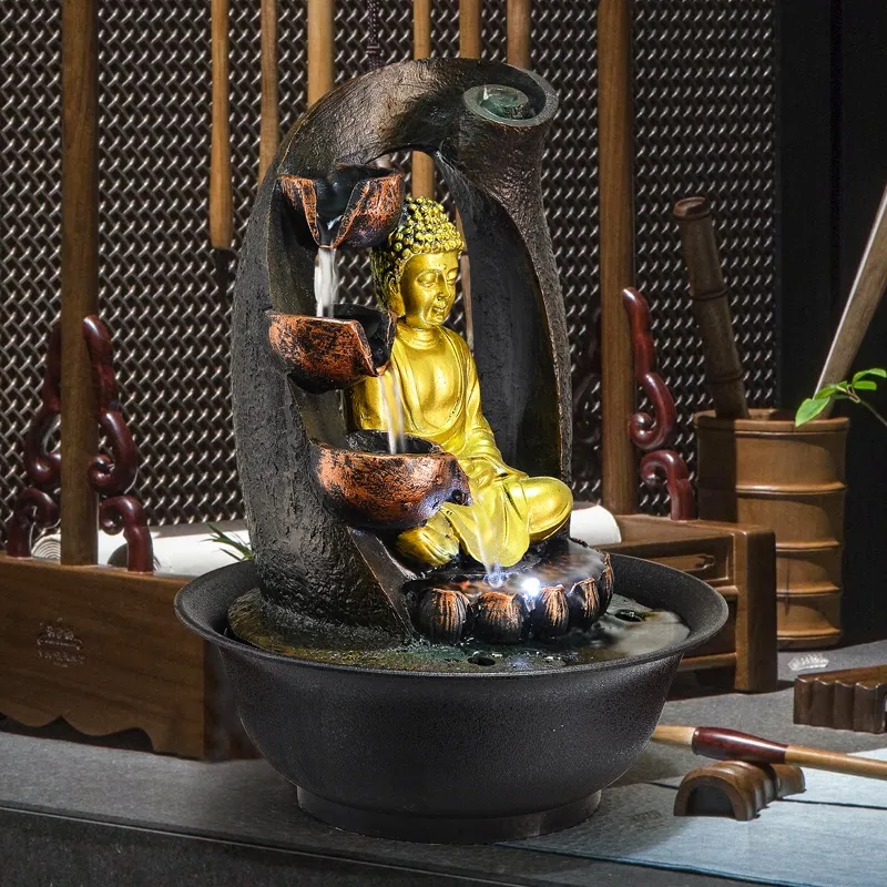 Statue de bouddha fontaines décoratives, fontaines d'eau d'intérieur en résine, cadeaux artisanaux Feng Shui, fontaine de bureau et de maison 110V 220V E271U