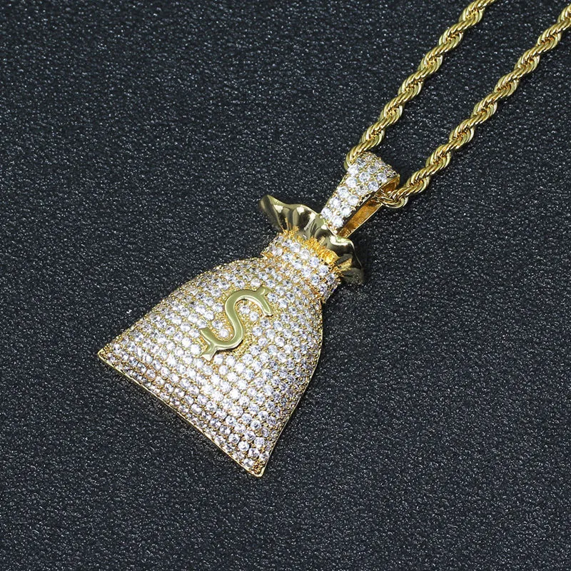 Подвеска в виде мешка с деньгами в долларах США с теннисной цепочкой золотого и серебряного цвета с кубическим цирконием, мужское ожерелье в стиле хип-хоп, ювелирные изделия для Gift184L