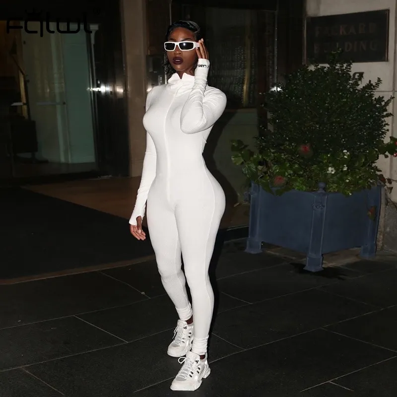 Streetwear branco preto malha sexy bodycon macacão mulheres macacões 2019 manga longa macacão skinny macacão feminino t200303