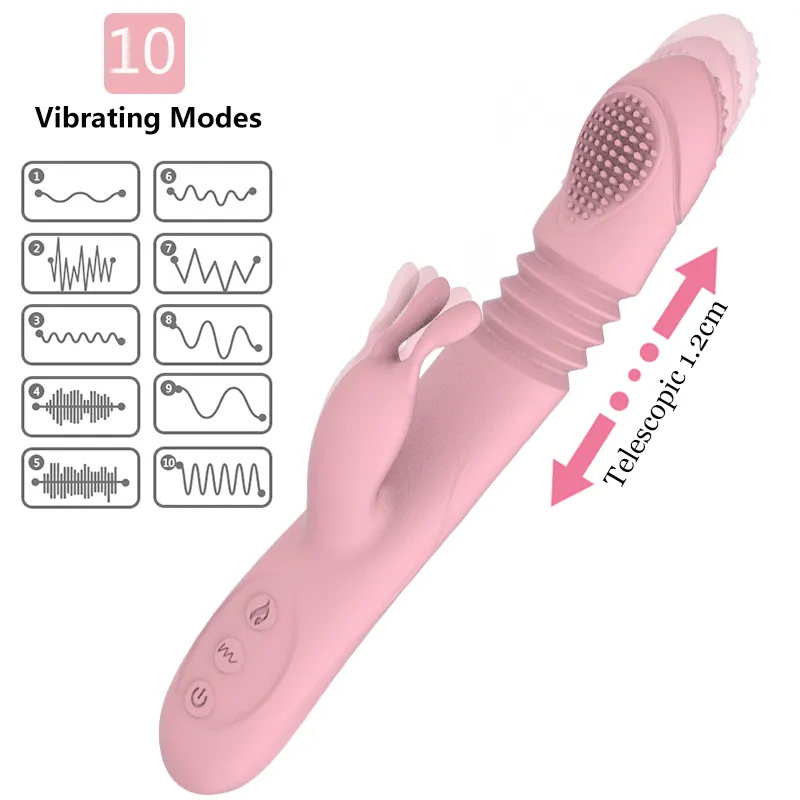 FLXUR Silicone Chauffage Télescopique Poussée Lapin Vibrateur Rotatif Gode Vibrateur G Spot Clitoris Stimulateur Sex Toy pour Femme Y201118