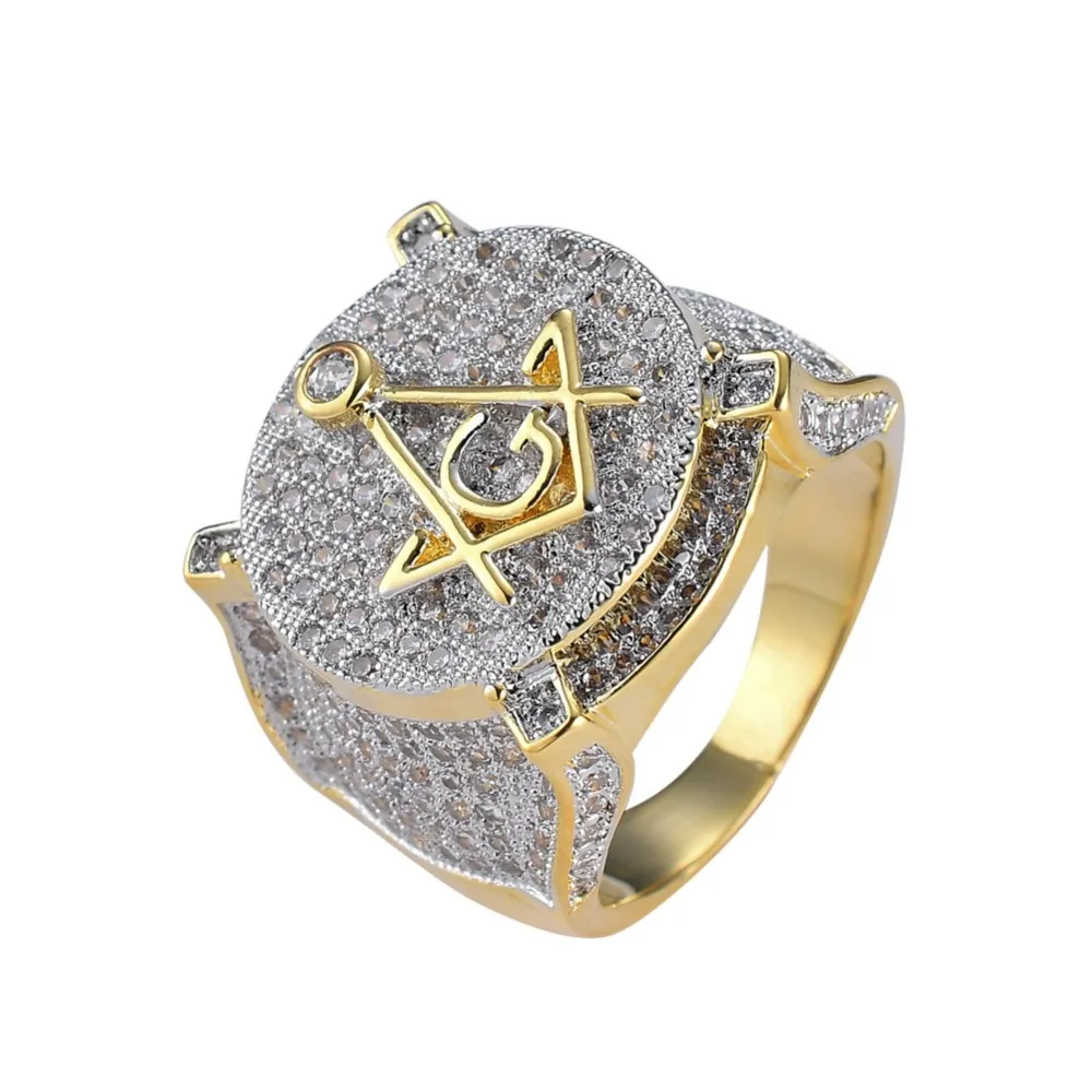 Men Hip hop iced out bling Mason Rings Pave Setting Cubic Zirconia CZ Rings fashion popular Masonic Charm Ring Hiphop jewelry296d