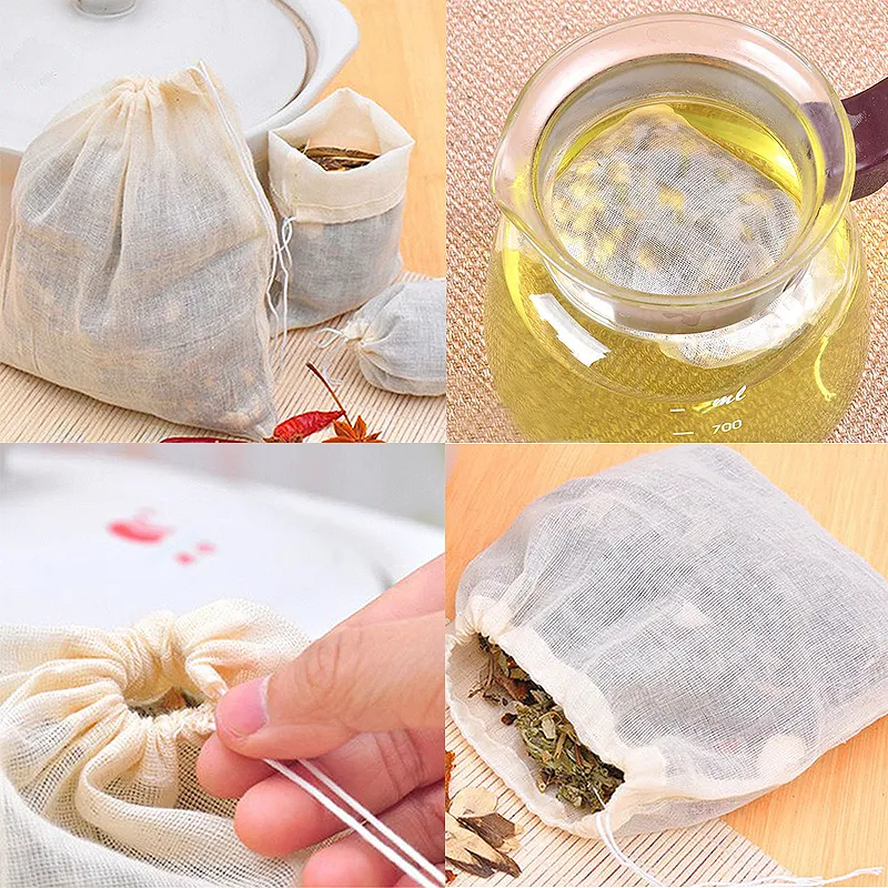 / grands sachets de thé 8x10cm coton mousseline cordon sacs réutilisables pour les herbes de savon Tea2223