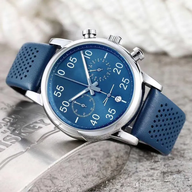 Luxus Sport Herrenuhr blau Mode Mann Armbanduhren Lederarmband alle Zifferblätter funktionieren Quarzuhren für Männer Weihnachtsgeschenke Uhr mo244J