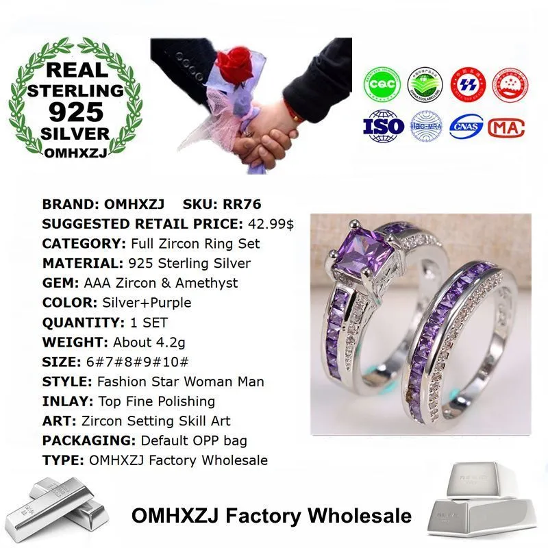 OMHXZJ Цельноевропейская мода для женщин и мужчин, вечерние, свадебный подарок, комплект колец с квадратным аметистом из стерлингового серебра 925 пробы RR761170635