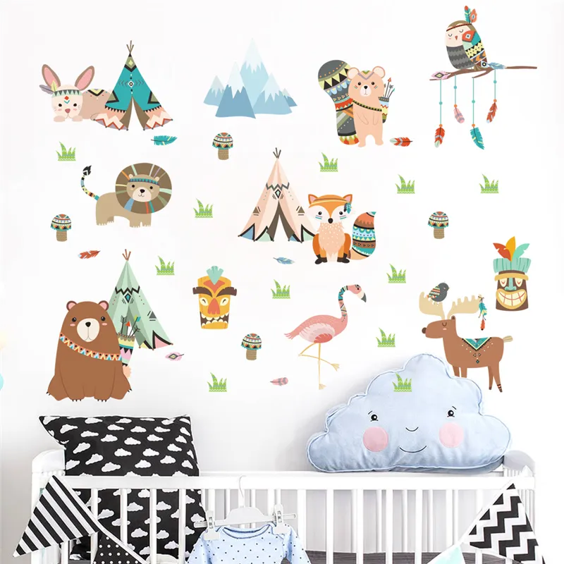 Funny Animals Indian Tribe Wall Stickers For Kids Rooms Home Decor Cartoon Owl Lion Bear Fox Wall Decals Pvc Mural Art3403727