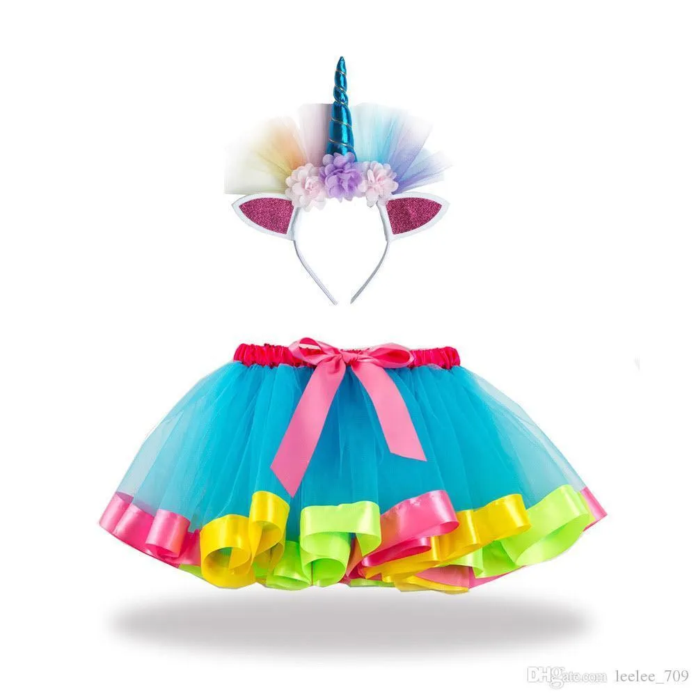 Gonne tutù color arcobaleno neonate Fascia capelli unicorno Set da 2 pezzi Set di abbigliamento adorabile bambini Vesti le vacanze del bambino infantile