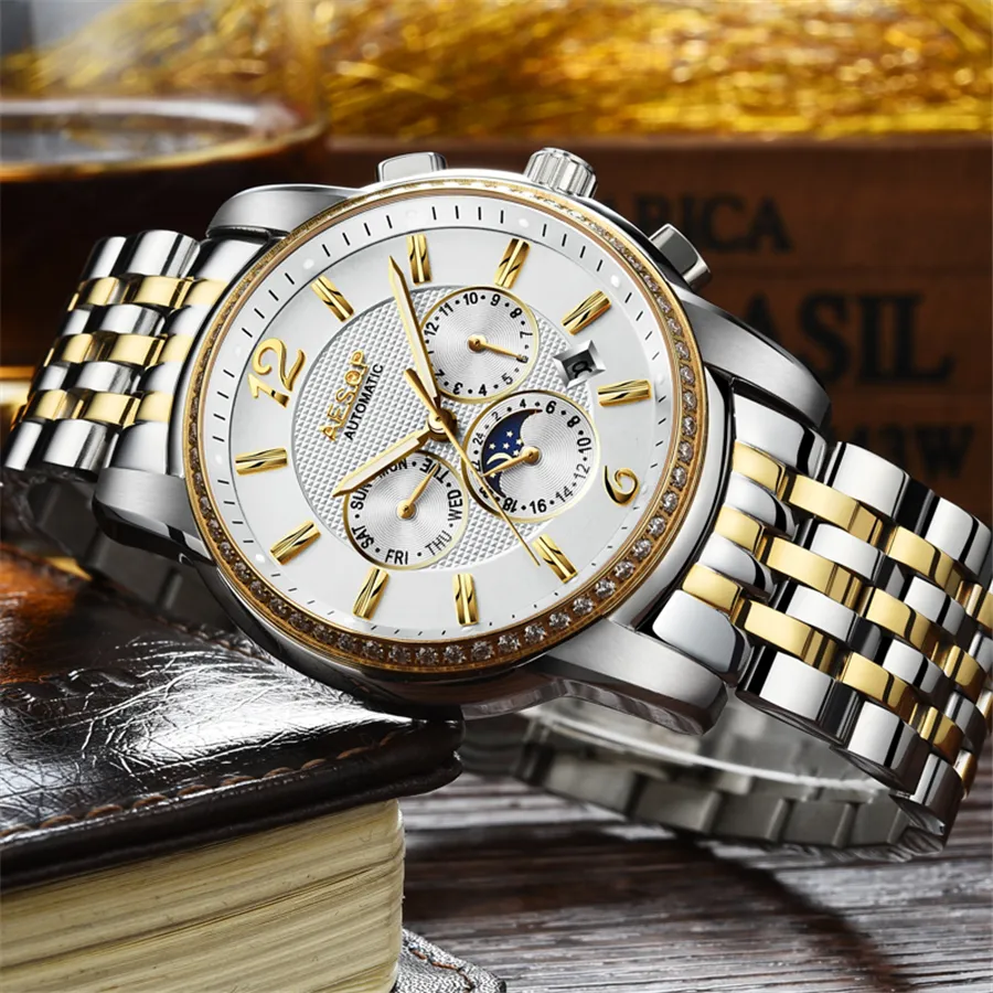 AESOP Luxury Brand Military Watch Men Moon phase Automatic Mechanical Watches Luminous Full Steel Waterproof Clock Men190K