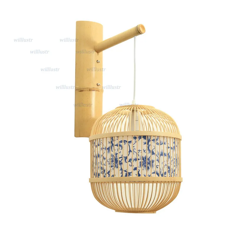 Luz de parede de bambu estilo chinês, vintage, azul e branco, padrão de porcelana, corredor, escada, corredor, criativo, artesanal, arandela211b