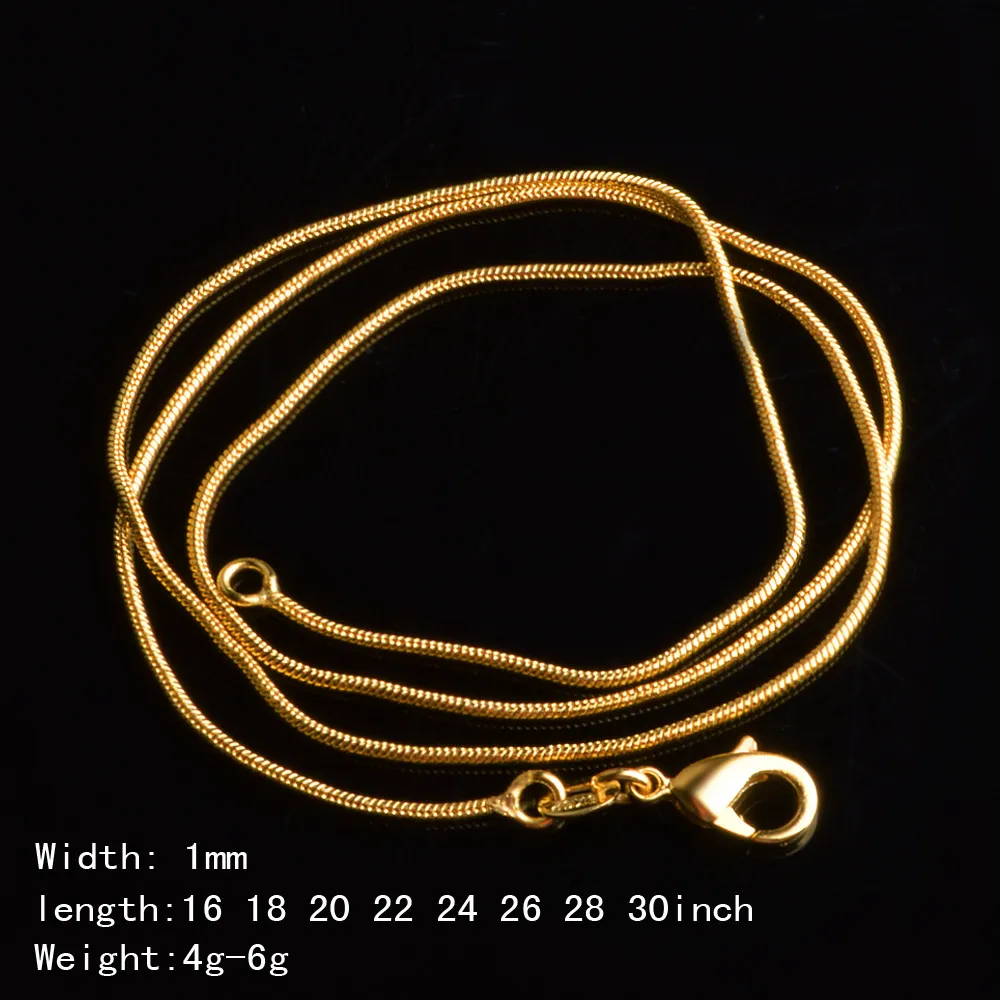 Змеиные цепочки, ожерелья, гладкий дизайн, 1 мм, 18-каратное золото, мужские и женские модные ювелирные изделия, аксессуары, подарок с застежкой-лобстером 16 18300k