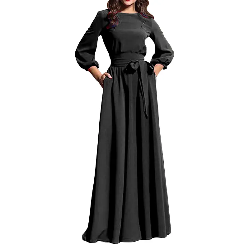 Custom New Fashion Women Dresses Summer Casual Custom Sexy Maxi Dress O-neck Lace Up Waist Solid Color Long Sleeve Long Dress