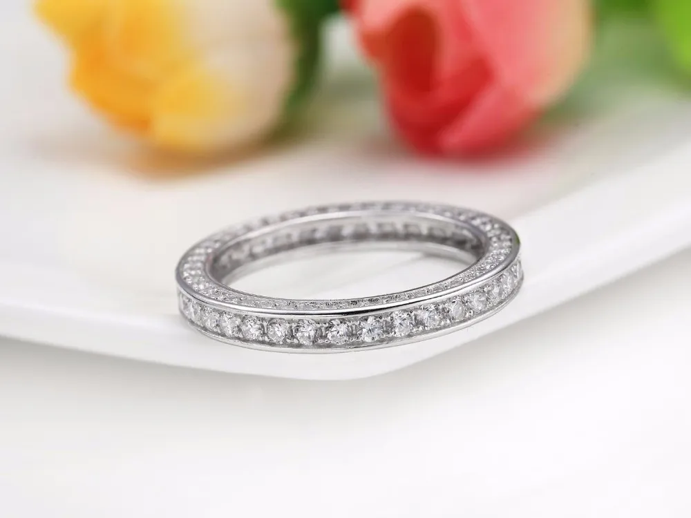 Fashion Vintage Sieraden Echt 925 Sterling Zilver Volledige Ronde Cut Witte Saffier CZ Diamant Edelstenen Vrouwen Wedding Band Ring Gift S207k