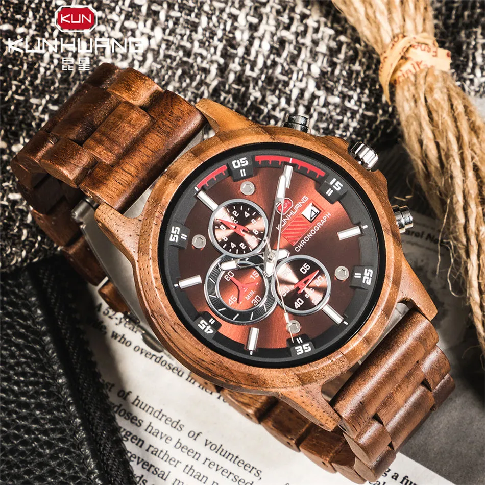 Wooden Men's Watches Casual Fashion Stylish Wooden Chronograph Quartz Watches Sport Outdoor Military Watch Gift for Man LY191295K