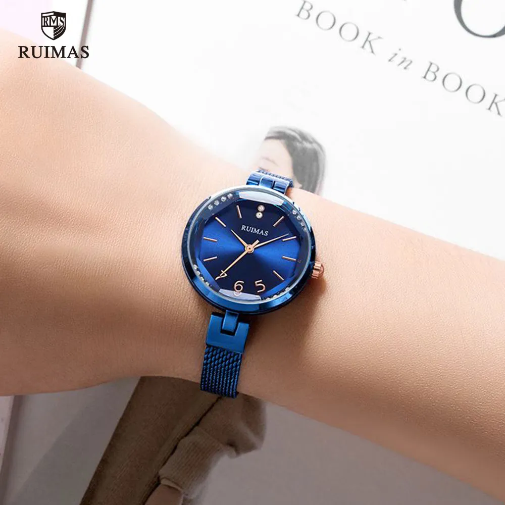 Ruimas Women's Simple Analog Blue Watches Luksusowa najlepsza marka kwarcowa zegarek kobietom Woda odporna na rękę Relogio Girl 270i