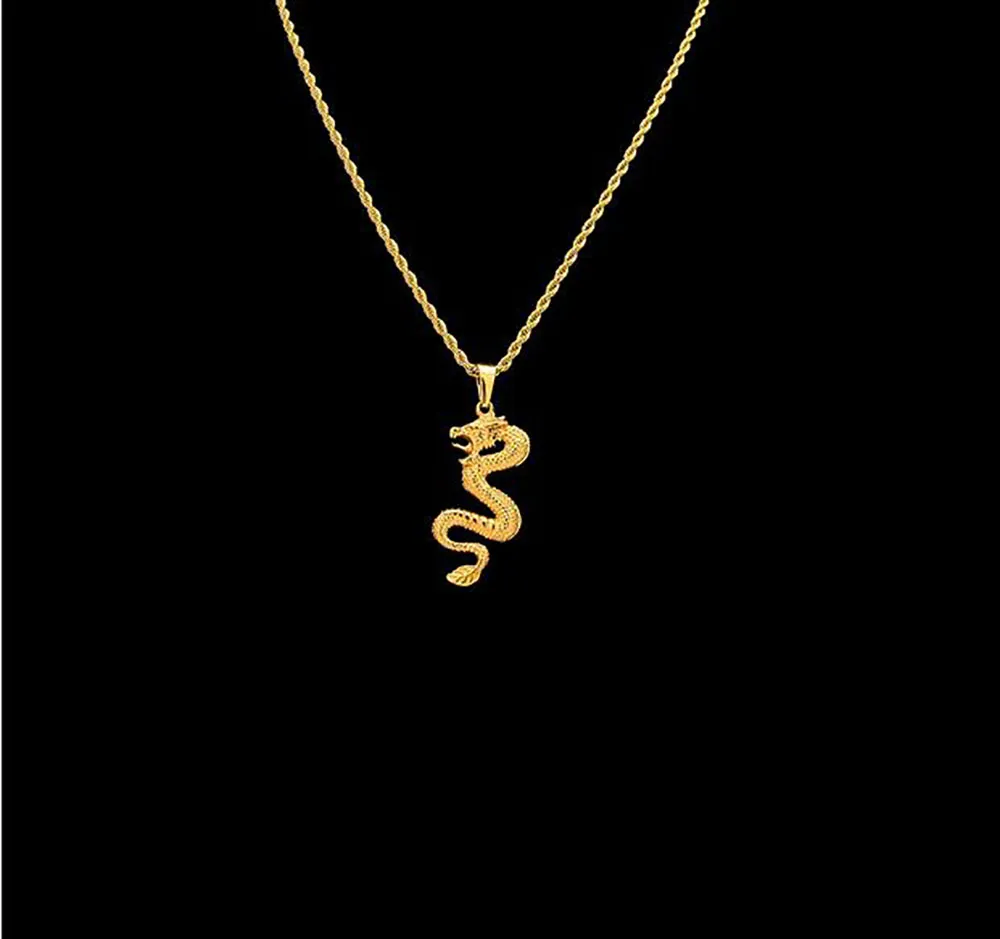 18K Gold Plated Gold Dragon Pendant Necklace Mens Charm with 24inch Cuban Link Chain Hip Hop Jewelry239n