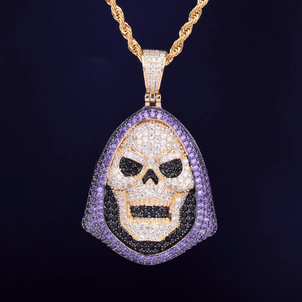 Hoody Skull Purple Stone Pendant Halsband Personlighetskedja Guld Silver Iced Out Cubic Zirconia Hip Hop Rock Jewelry221a