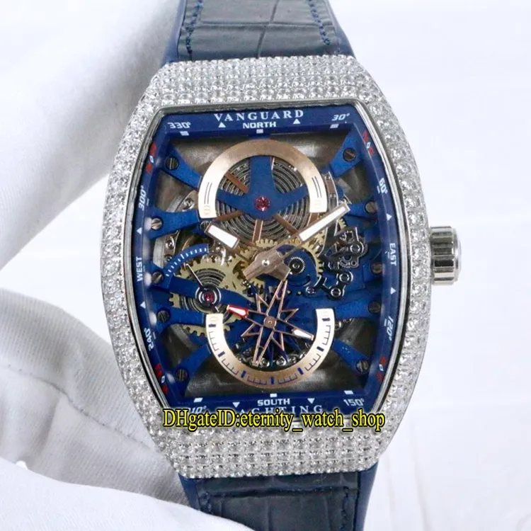 Luxry New Saratege Vanguard S6 Yachting V45 S6 Yacht Blue Skeleton Dial Miyota Automatic Mens Watch Diamond Case Leather Designer 304Z