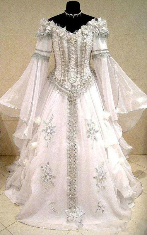 2020 Medieval Wedding Dresses Witch Celtic Tudor Renaissance Costume Victorian Gothic Off The Shoulder Long Sleeve Wedding Bridal 283a