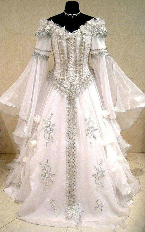 2020 Robes de mariée médiévales Sorcière Celtique Tudor Renaissance Costume Victorien Gothique Hors de l'épaule à manches longues Mariage Mariée 256y