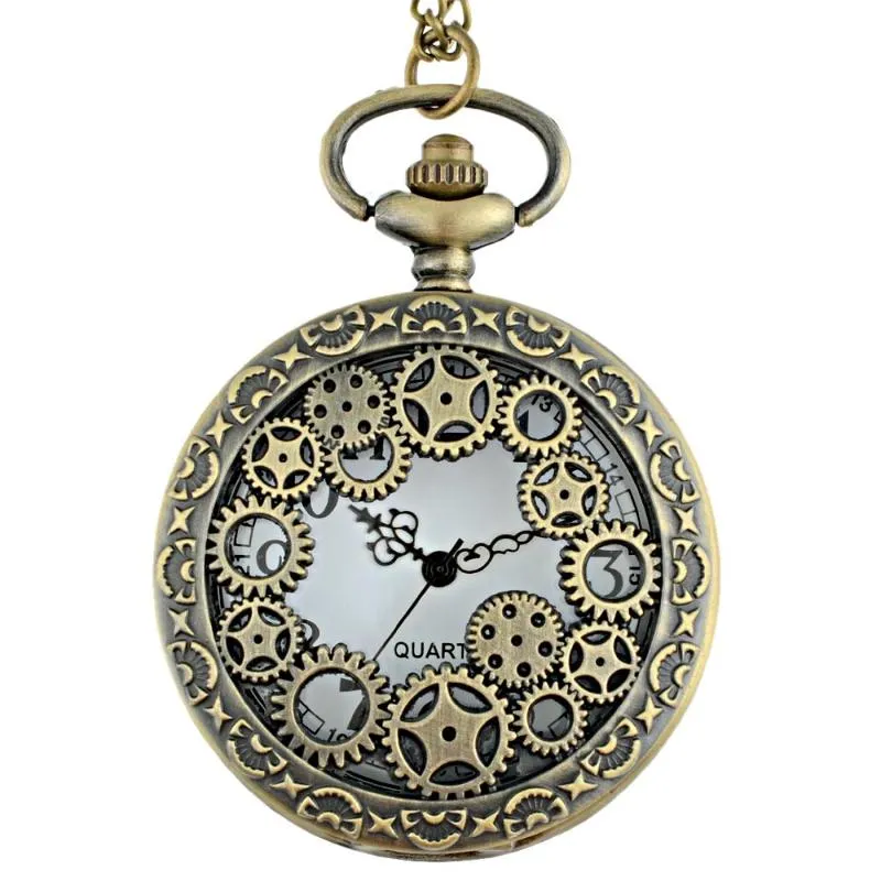 Zegarki kieszonkowe klasyczne vintage brązowe steampunk kwarcowe zegarek z łańcuchem retro mężczyźni kobiety punkowe wisiork naszyjnik