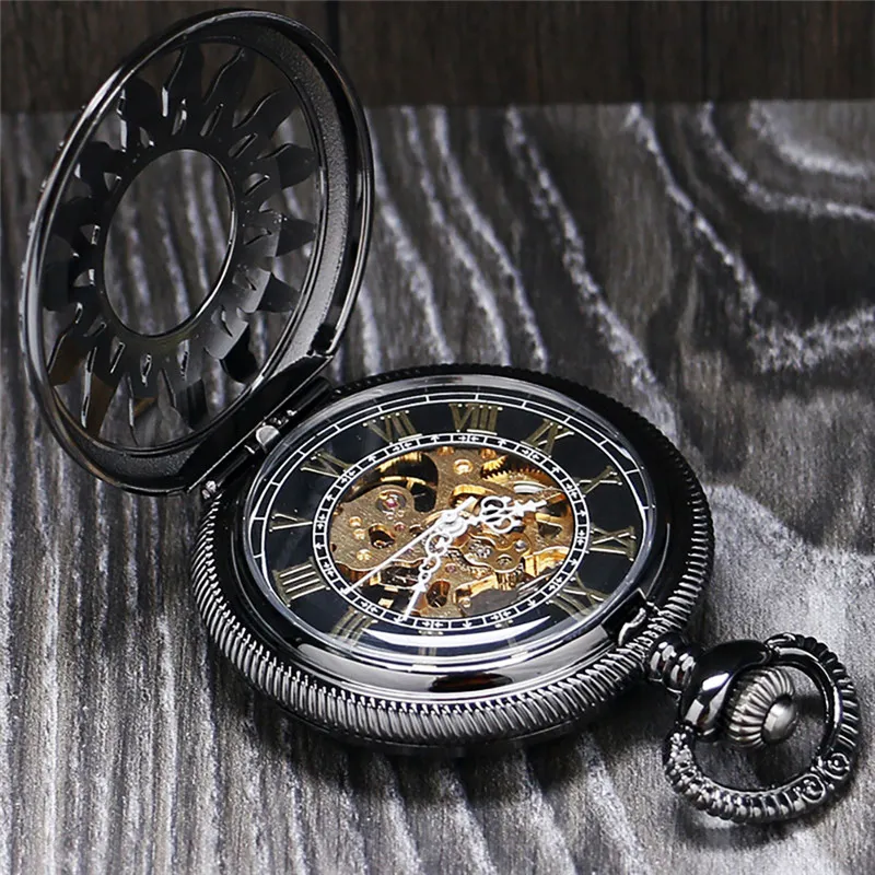 Steampunk antico nero oro bronzo orologio da tasca scheletro a carica manuale orologi meccanici uomo donna orologio FOB pendente catena regalo2319