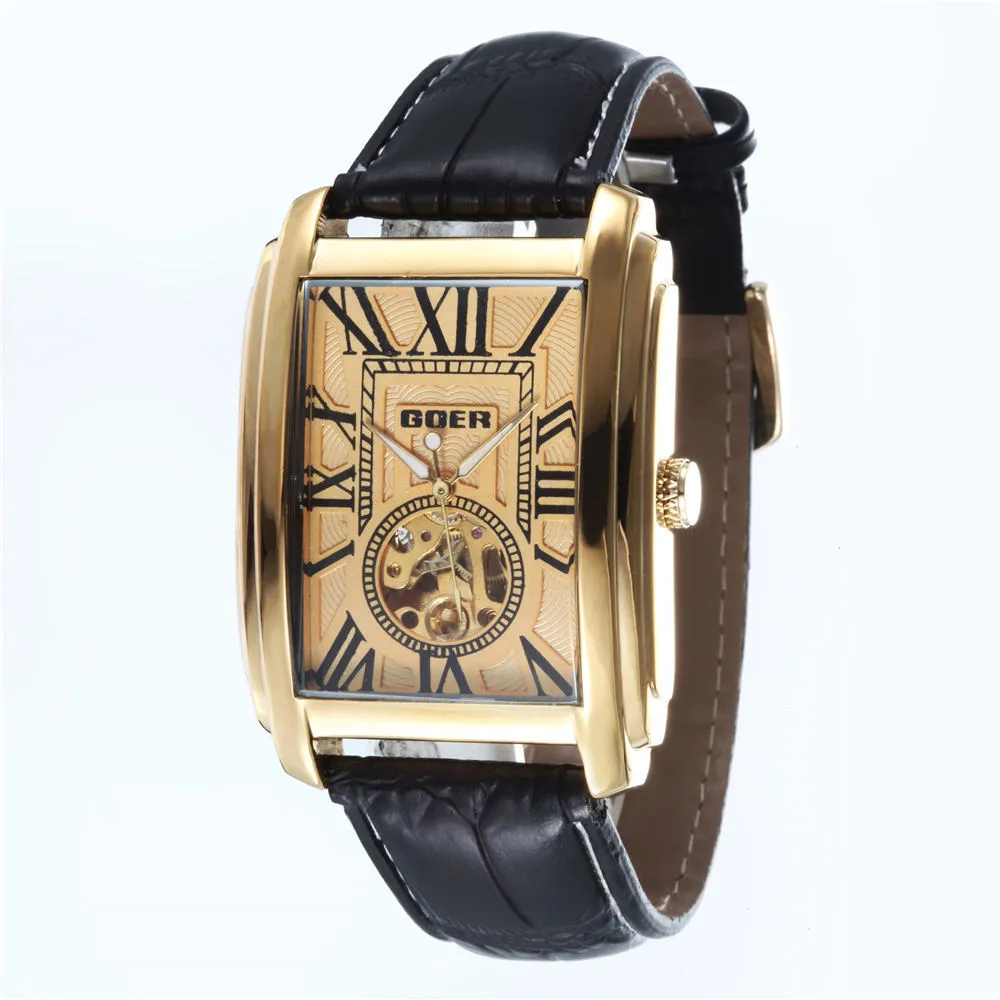 Goer Relogio Masculino Top marque de luxe squelette montres hommes bracelet en cuir Rectangle automatique mécanique montres pour hommes J19227O