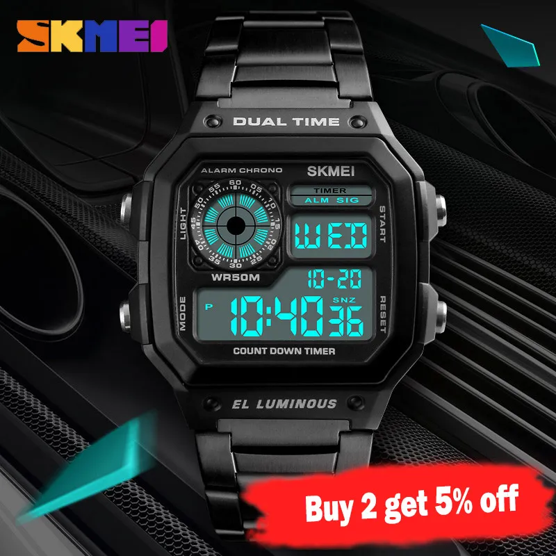 SKMEI haut de gamme montre de Sport de mode hommes 5Bar montres étanches bracelet en acier inoxydable montre numérique reloj hombre 1335288x