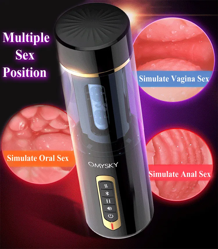 OMYSKY Masturbateur Homme Pour Homme Vibrateur De Poussée Automatique Bluetooth Interagir Avec Téléphone Réel Vagin Chatte Adult Sex Toys Pour Hommes MX191218